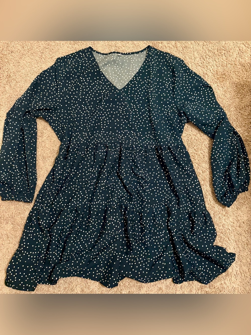 Deep Teal Polka Dot Tiered Dress Size 2XL – Long Sleeve V-Neck